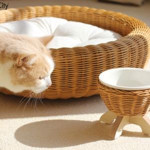 Handmade Rattan Cat And Dog Ceramic Bowl